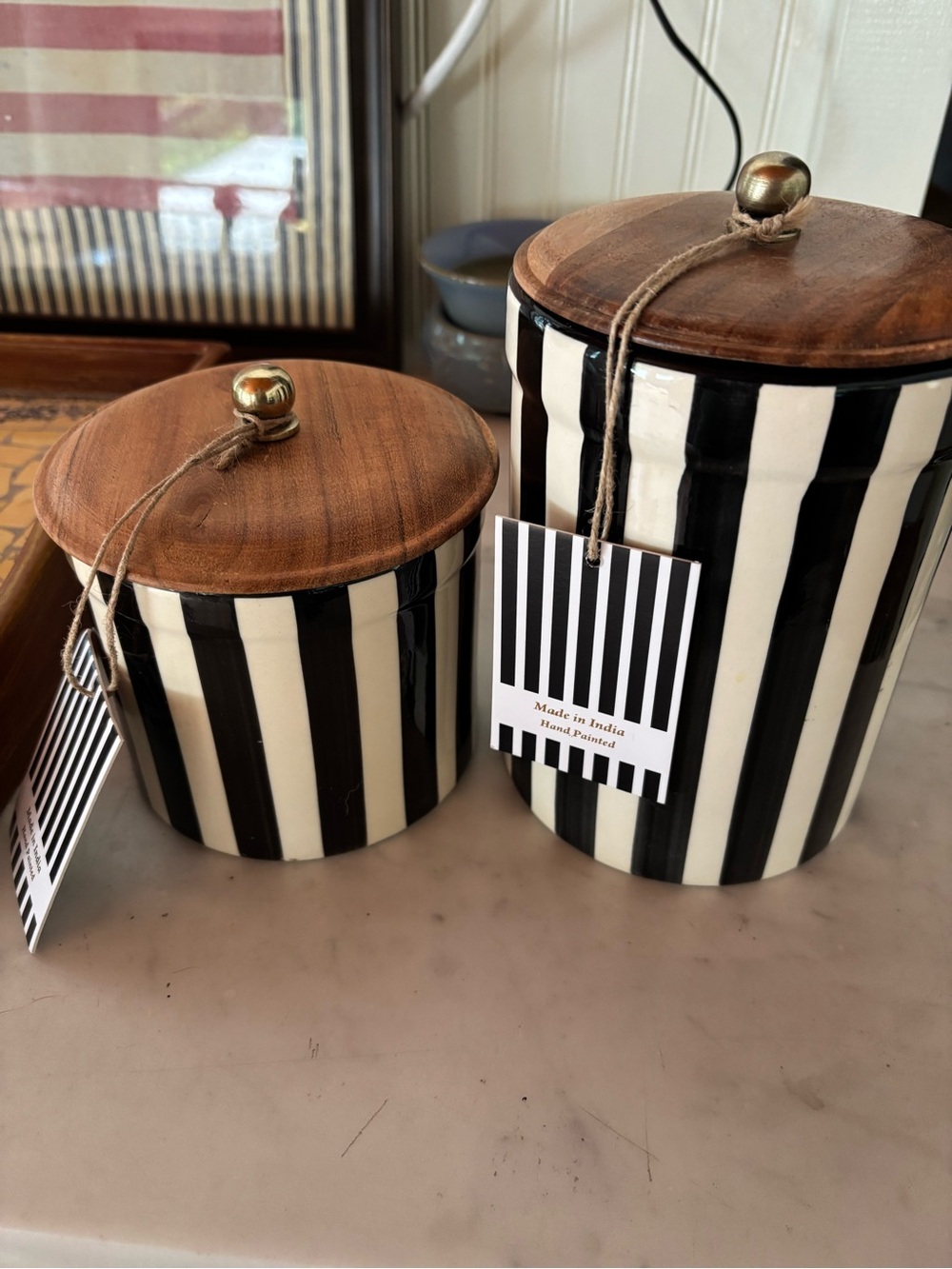 Black & White Striped Ceramic Canister Set with Wood Lids